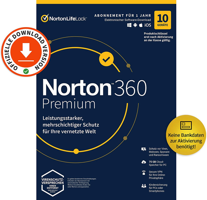 NORTON 360 Premium - 10 Geräte / 1 Jahr 75GB ABO Download 2024