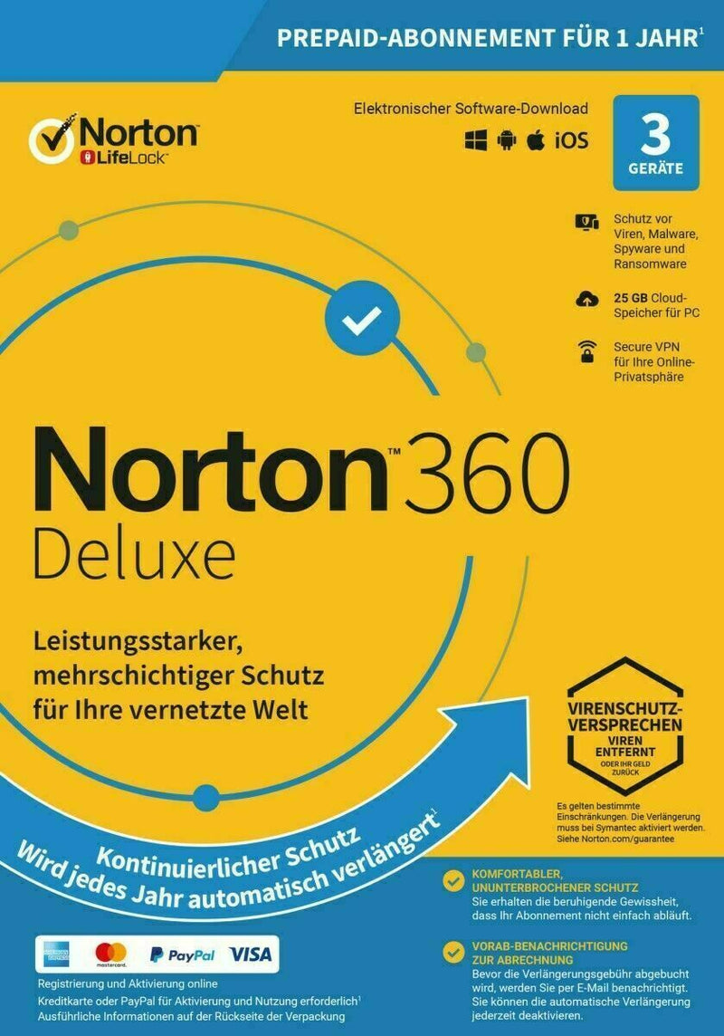 NORTON 360 DELUXE 2024 3 Geräte / 1 Jahr inkl. 25GB Cloud, KEIN ABO ESD